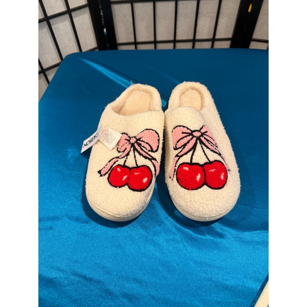 Cherry Bow Fuzzy Slippers Coquette Cute Plush Cozy House Shoes NWOT XL